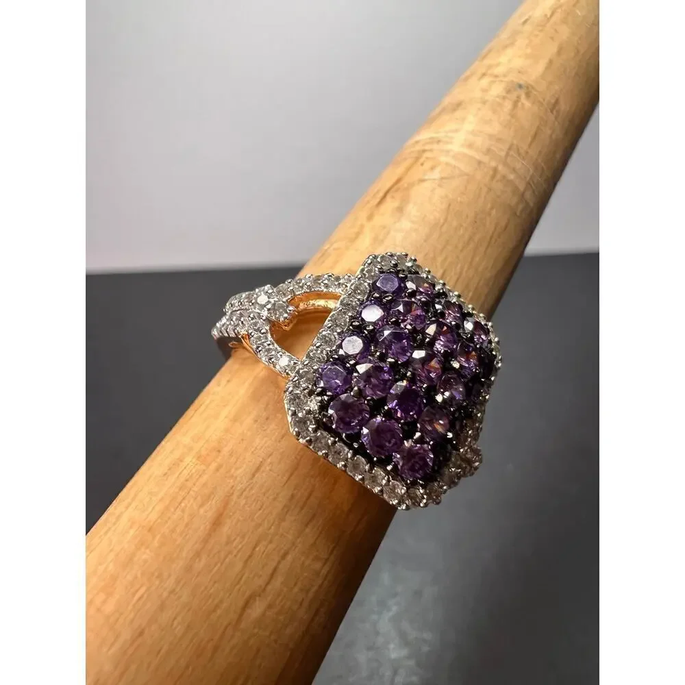Purple and white CZ rose gold over sterling silver ring size 9